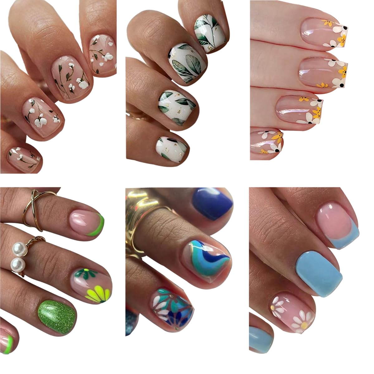 144 Pcs Press on Nails Short Square Fake Nails Flower False Nails with Designs Spring Summer Floral Glue on Nails Full Cover Glossy Acrylic Stick on Nail for Women Manicure 6 Packs