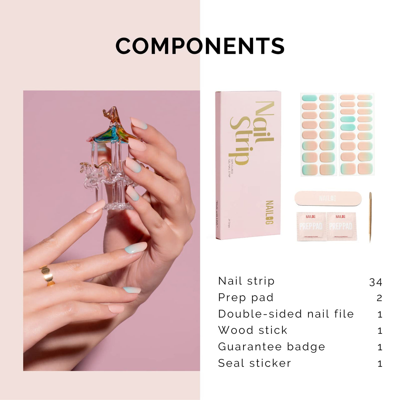 Nailog Semi Cured Gel Nail Strips 34 pcs | Long Lasting Nail Polish Sticker Nail Wraps with Glossy Gel Finish | New Dawn