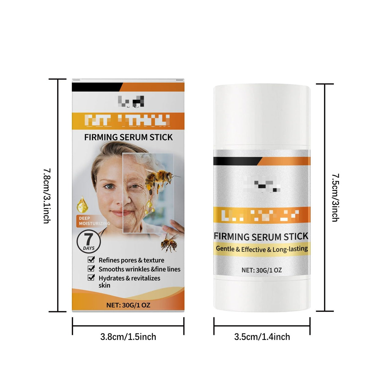 Firming serum stick packaging with dimensions on a white background