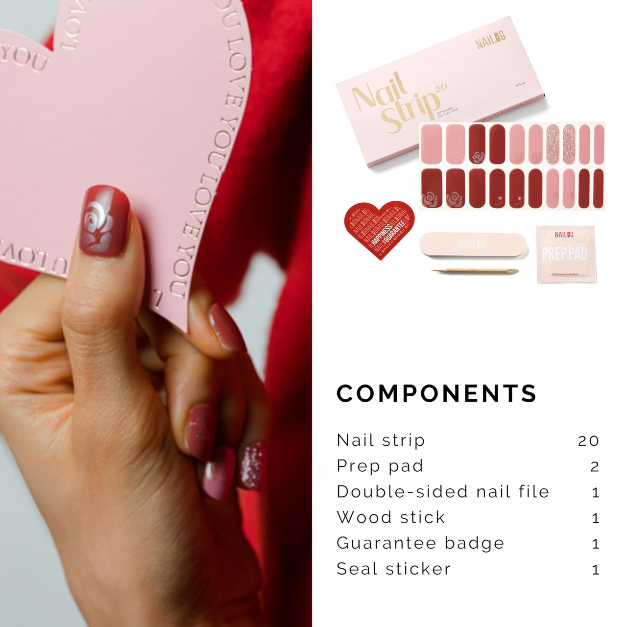 NAILOG Semi Cured Gel Nail Strips, 20 Pcs Red Long Lasting Nail Nail Wraps Extra Long Nail Nail Wraps with Glossy Gel Finishing for Spring Summer, Darling Roses