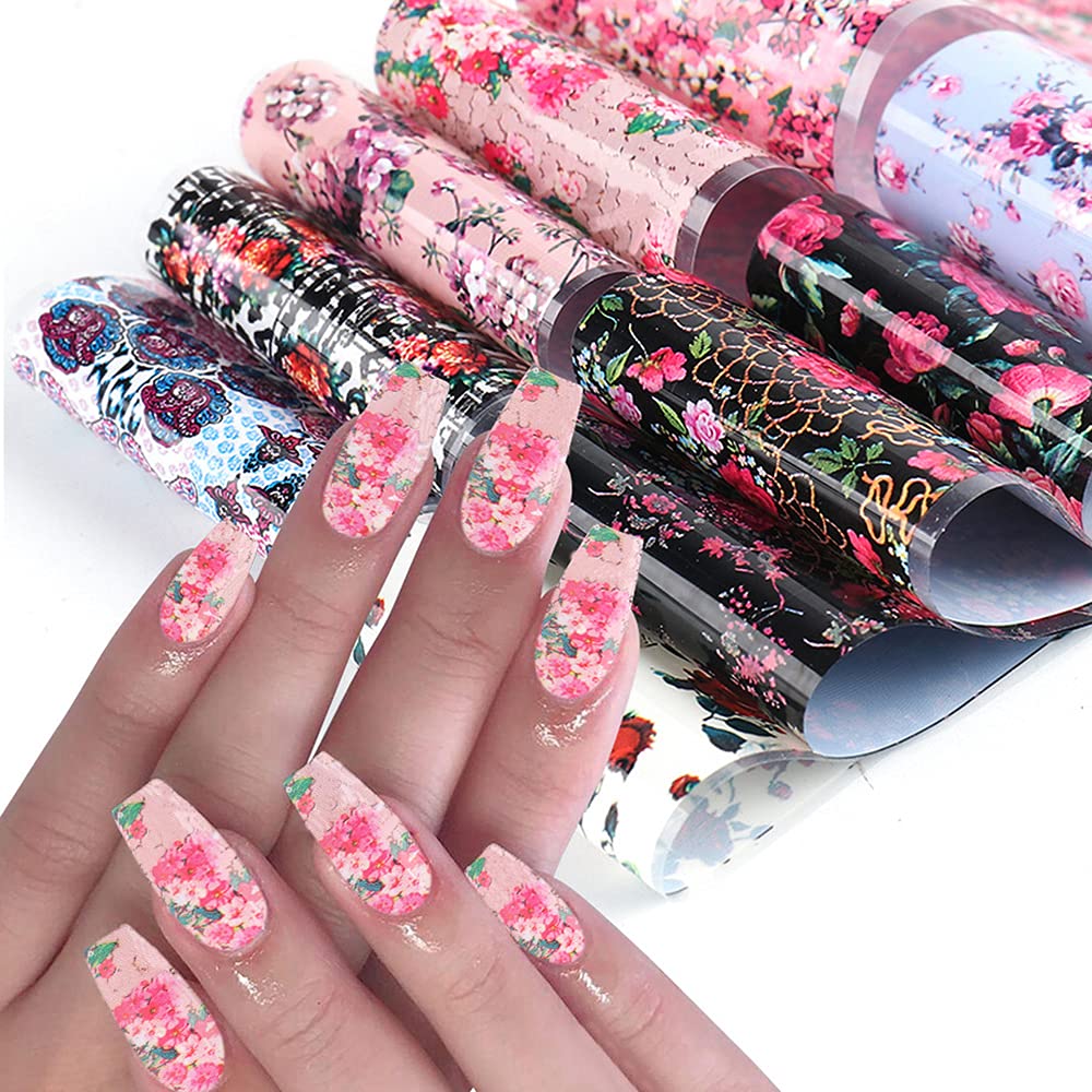 Retro Flower Nail Art Foil Transfer Nail Nail Wraps, Holographic Rose Flowers Starry Sky Design for Nails, 10pcs
