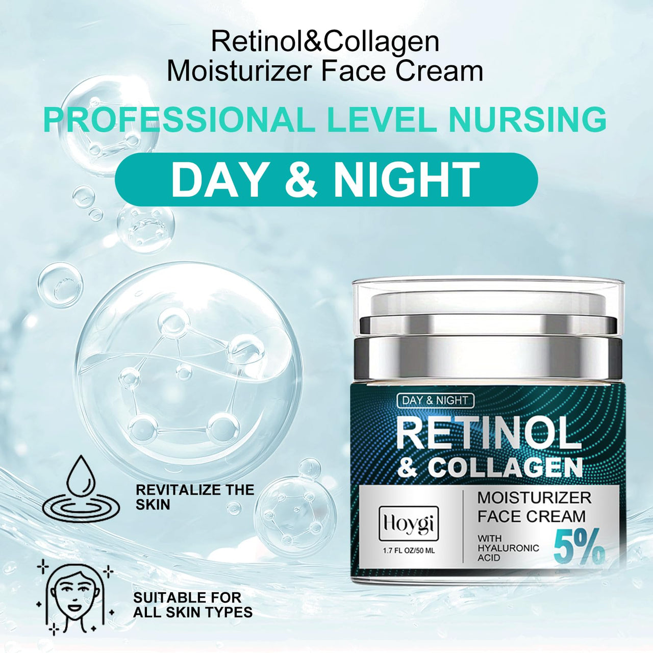 AMALIA Retinol & Collagen Face Cream, 5% Hyaluronic Acid Moisturizer, Day & Night Anti-Aging Formula, 1.7 FL OZ