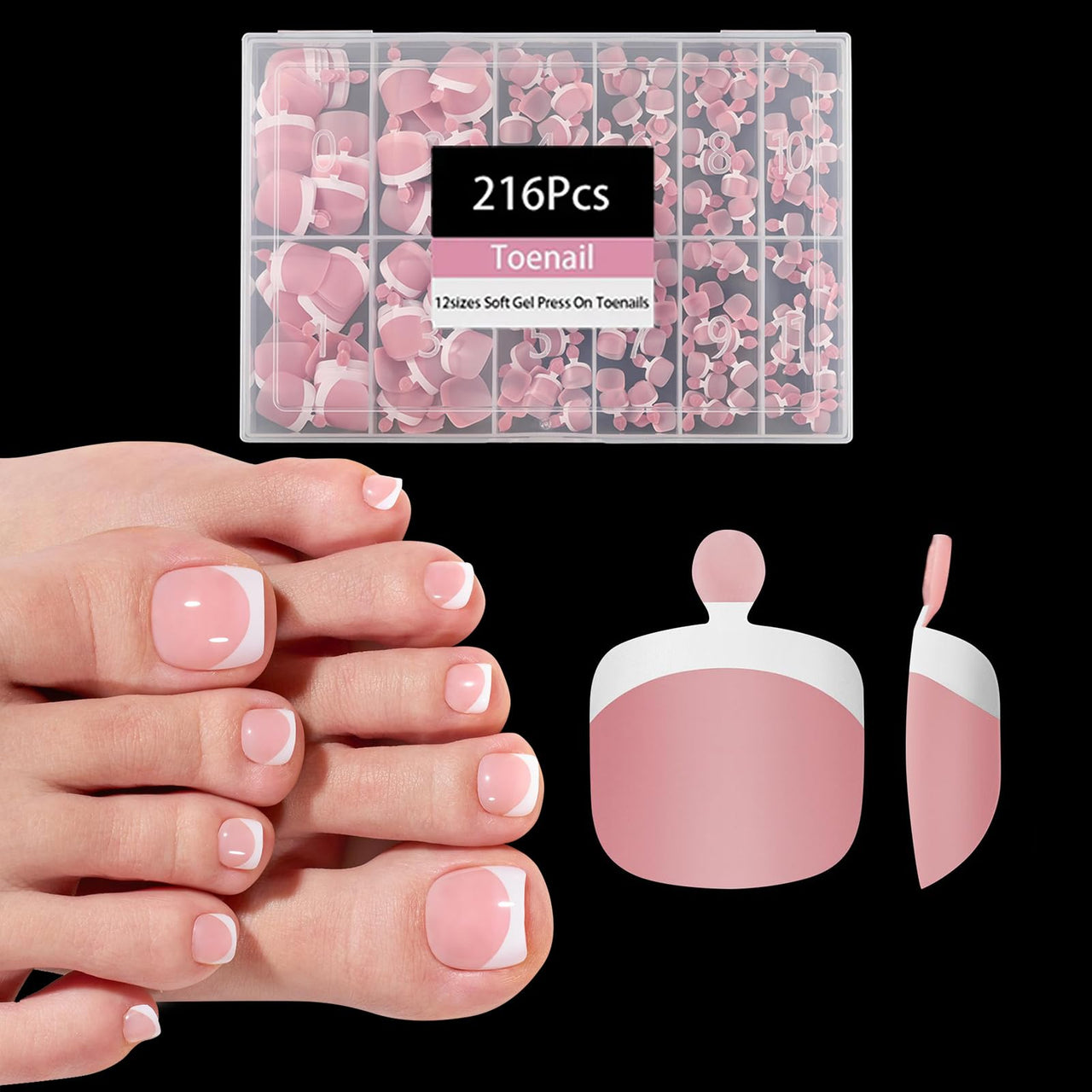 Pink Press on Nail for Women, OPkssnails 216pcs Summer French Tip Press on Toenails Short Square, Soft Gel Toe Nail Tips, Soak off Acrylic Fake Toe Nail Extensions 12 Sizes