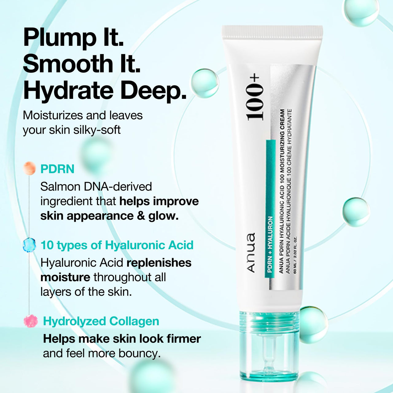 ANUA PDRN Hyaluronic Acid 100 Moisturizing Cream, Lightweight Hydrating Moisturizer with Salmon PDRN, Hyaluronic acid, Collagen for Glass Skin, Korean Skin Care (60ml / 2.02 fl. oz)