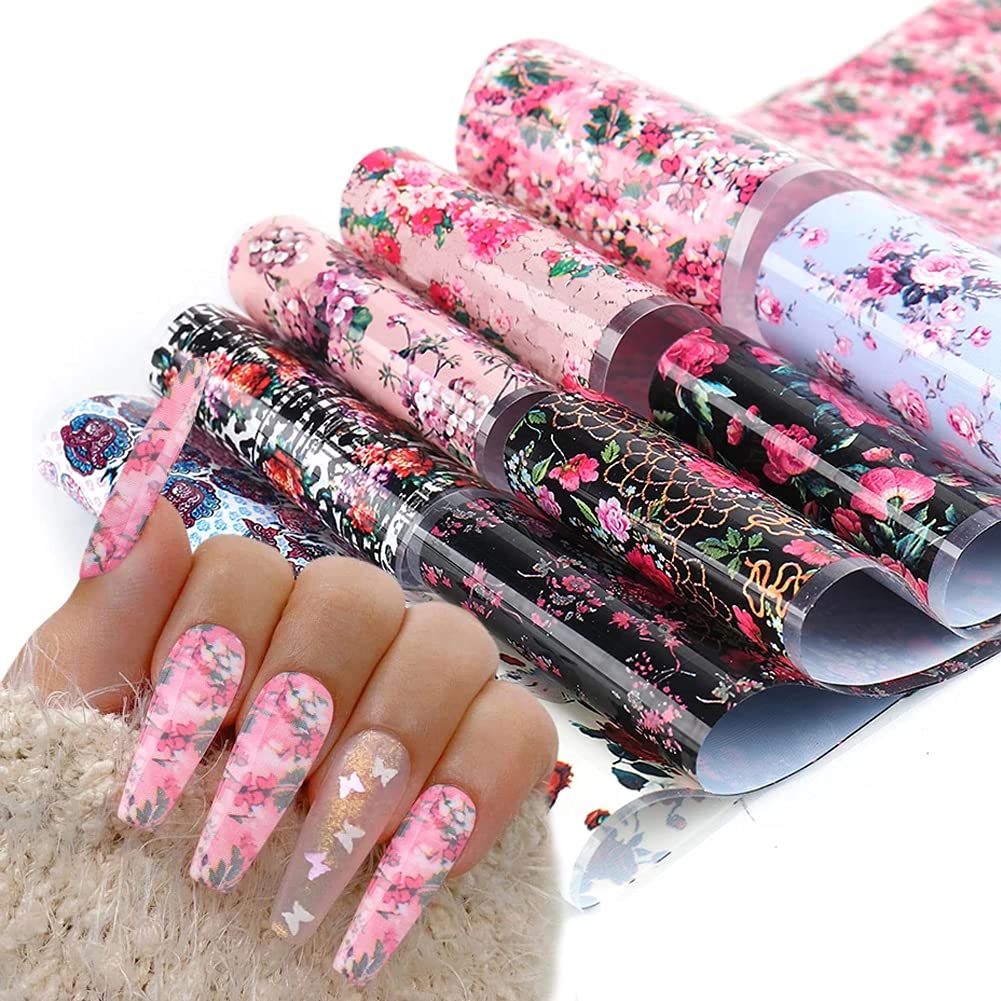 Retro Flower Nail Art Foil Transfer Nail Nail Wraps, Holographic Rose Flowers Starry Sky Design for Nails, 10pcs