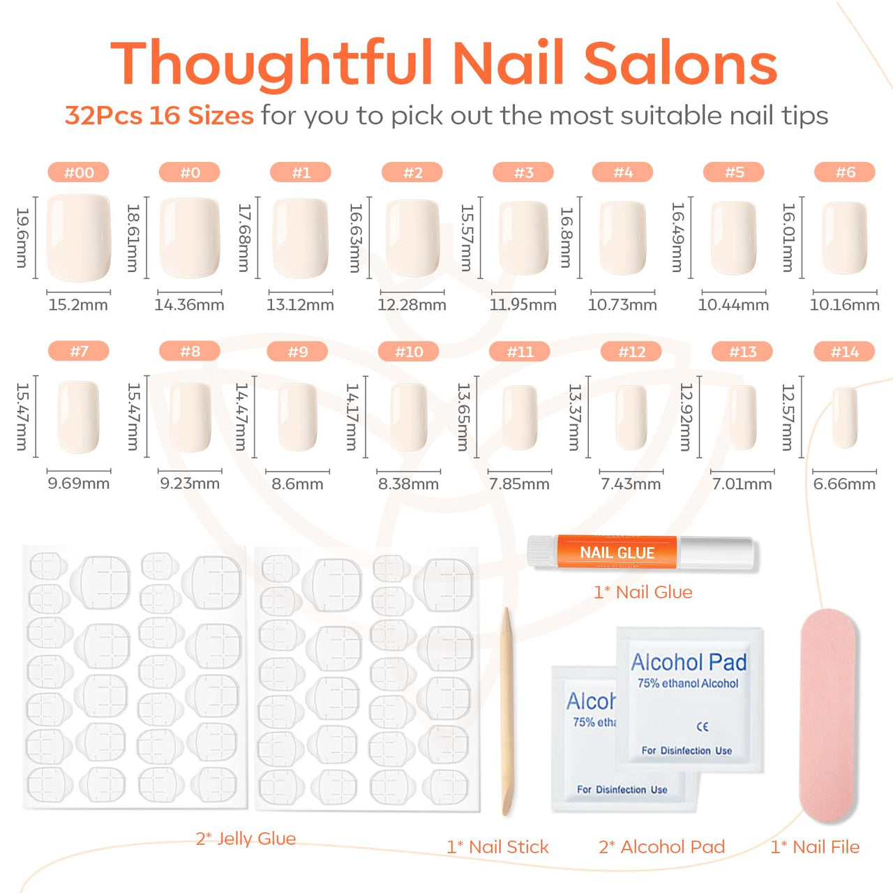 Modelones White Press on Nails, Short Square Fake Nails, Reusable Nail Kit with Nail Glue Adhesive Tabs Mini Nail File, Nails Press Ons 32Pcs16 Sizes, Women Girl Gift