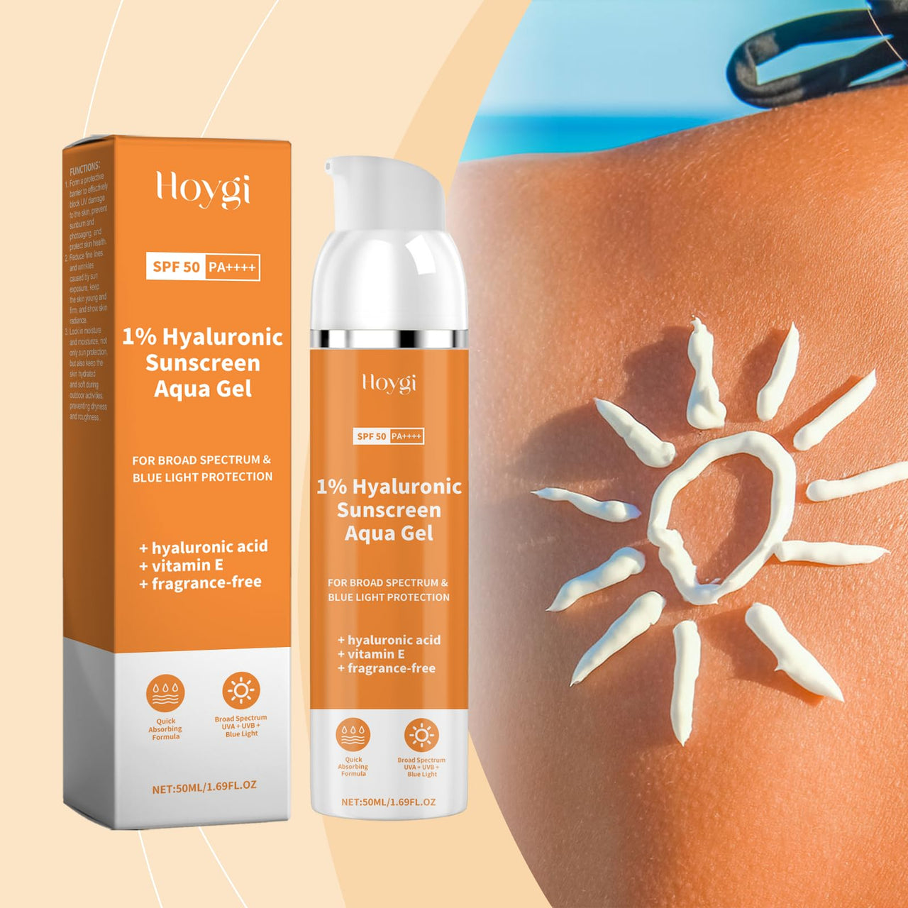 AMALIA Hyaluronic Sunscreen SPF 50, Aqua Gel with Vitamin E, Broad Spectrum UV Protection, Fragrance-Free