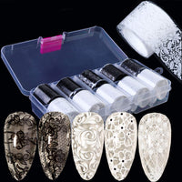 Thumbnail for XEAOHESY 10 Rolls Black White Flower Nail Foil Transfer Sticker Kit Lace Nail Foil Sheets Foil Nail Art Decals Flower Nail Foil Transfer Nail Nail Wraps Foil Nail Nail Wraps for Women Nail Art