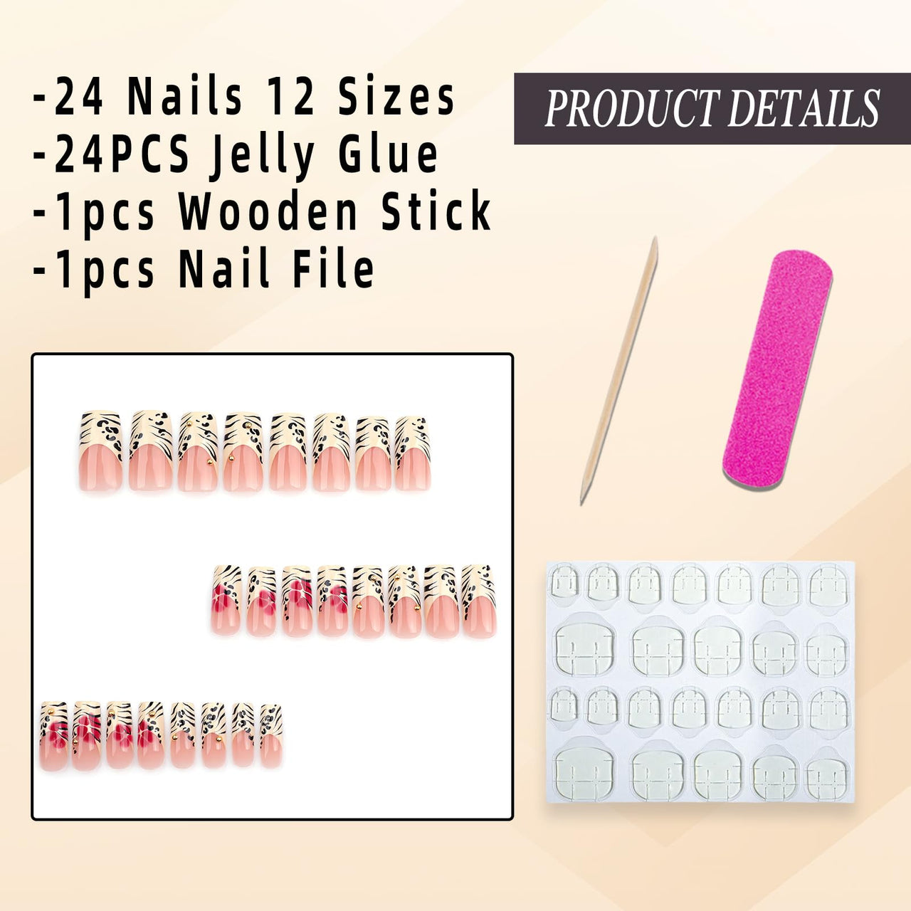 Jremg Leopard Print French Tip Press on Nails Long Square Fake Nails with 3D Gold Pearl Designs Glossy Red Flower Full Cover Glue On Nails Reusable Coffin Autumn Winter False Nails for Women 24Pcs | Premium Nail Wraps
