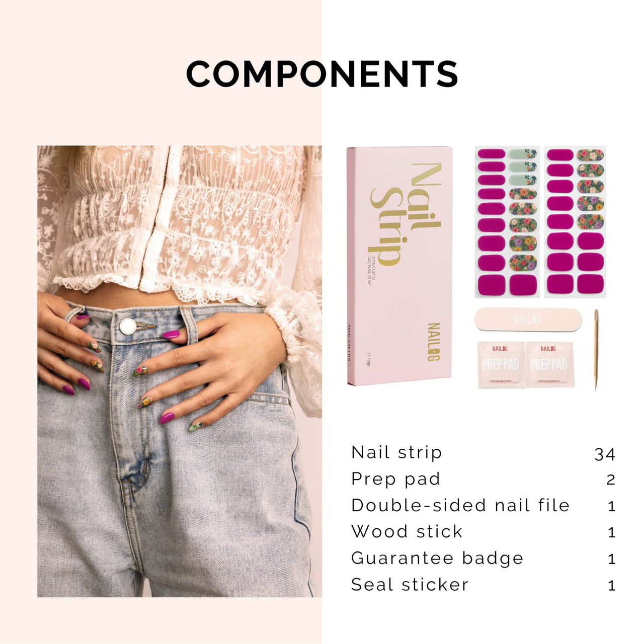 Nailog Semi Cured Gel Nail Strips 34 pcs| Long Lasting Nail Polish Sticker Wraps with Glossy Gel Finish, Retro Jungle