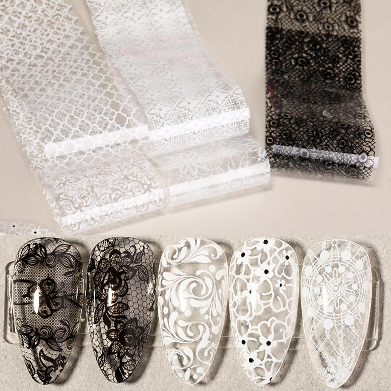 XEAOHESY 20 Rolls Black White Lace Nail Art Foil Transfer Sticker Kit Flower Foil Transfers Decals Lace Flowers Nail Foil Transfer Nail Nail Wraps Sheets Nail Art Sticker Foil Nail Nail Wraps for Foil Nail Art