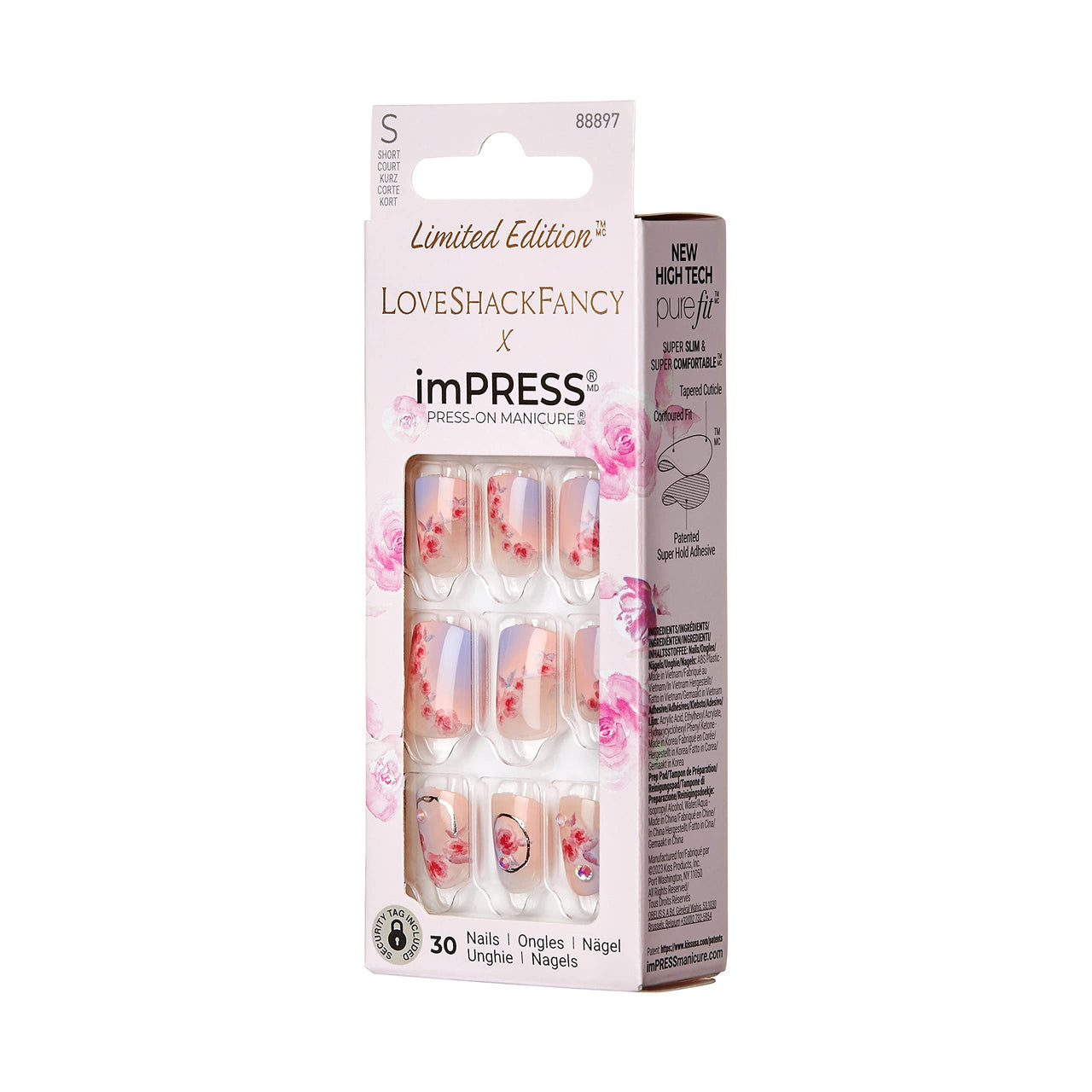 KISS LoveShackFancy x imPRESS Press-On Manicure Limited Edition, Style "Sunkissed Peach" Short Square Pink Press-On Nails, Includes Prep Pad, Mini Nail File, Cuticle Stick, & 30 Fake Nails