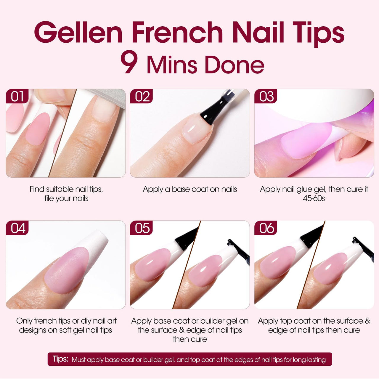 Gellen French Tip Press on Nails - 150 pcs Pink Square Short Press on Nails Soft Gel Nail Tips, 3 in 1 Pre-french French Tips 15 Sizes Fake Nails, No Need to File Full Cover Tips, No Nail Glue
