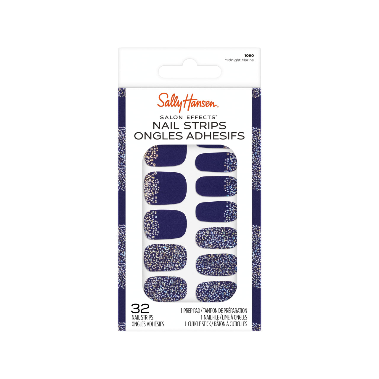 Sally Hansen Salon Effects Gel Nail Strips, Midnight Marine - Blue, Printed, No UV/LED Nail Lamps, Salon-Quality, Long Lasting, Easy to Apply & Remove - Includes 1 Prep Pad, Nail File & Wooden Stick – Premium Nail Wrap Set
