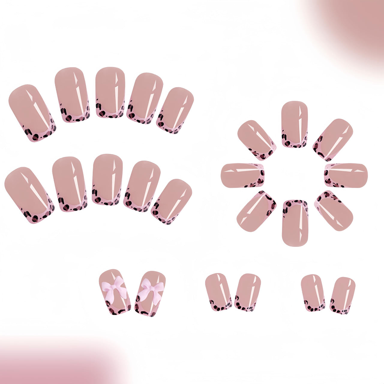 Leopard Print French Tip Press on Nails Square Fake Nails 3D Resin Bow Charm Designs False Nails Glossy Nude Pink Full Cover Acrylic Stick on Nails for Women Girls DIY Manicure Decoration 24Pcs