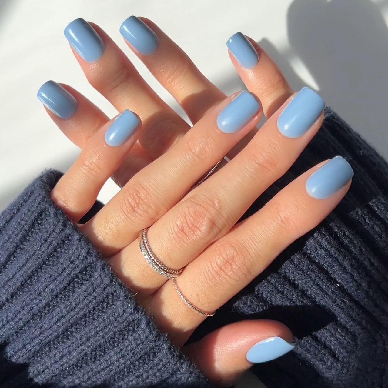 Glamnetic Press On Nails - Cashmere Blue | Opaque Soft Pale Blue Short Squoval False Nails, Reusable Stick On Fake Nails with Glue | Salon Quality | 15 Sizes - 30 Nail Kit | Premium Nail Wraps - Premium Nail Wraps, Salon-Quality, Easy Application