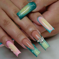 Thumbnail for RUOKEXIN Long Square Press on Nails Green Ombre French Fake Nails Pink Ombre False Nails with 3D Star Designs Long Square Nail Press ons Sparkly Glue on Nails Cute Stick on Nails for Women 24Pcs