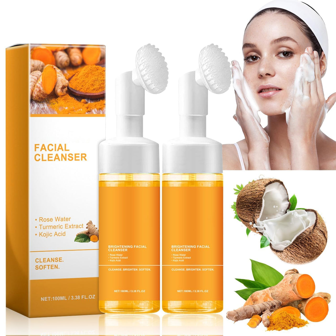 MAROJEIF Turmeric Facial Cleanser, Turmeric Face Wash, Tur-meric Foaming FacialCleanser, Turme-ric Facial Wash, Turmerics Foaming Cleanser for All Skin Deep Cleaning (2pcs)