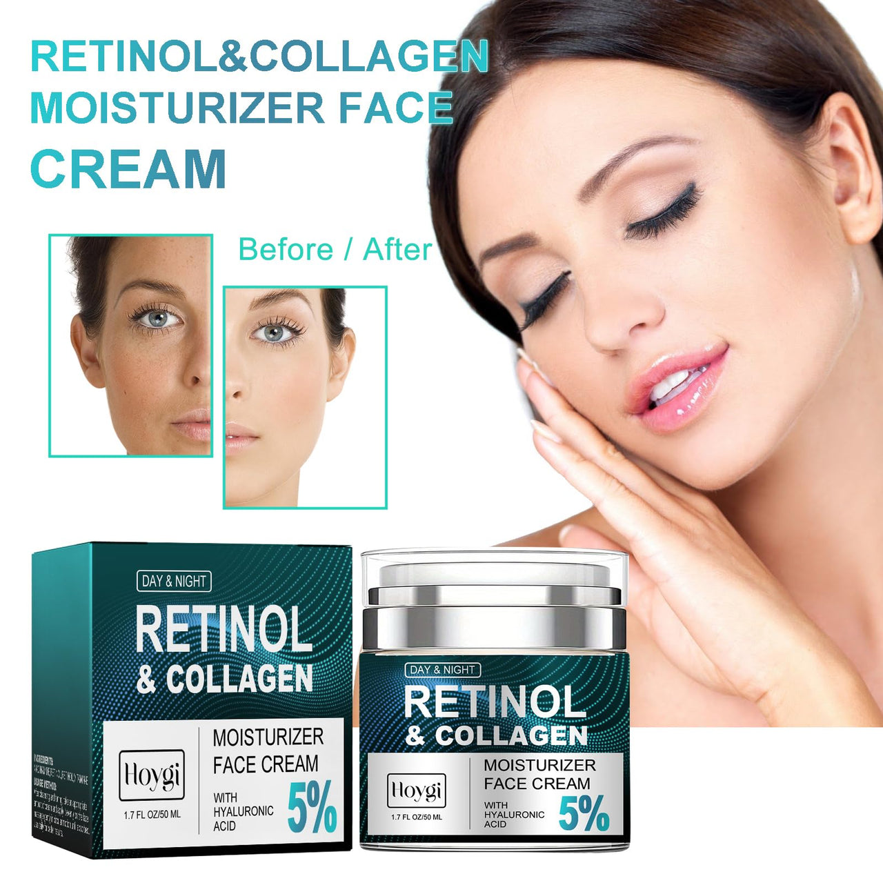 AMALIA Retinol & Collagen Face Cream, 5% Hyaluronic Acid Moisturizer, Day & Night Anti-Aging Formula, 1.7 FL OZ