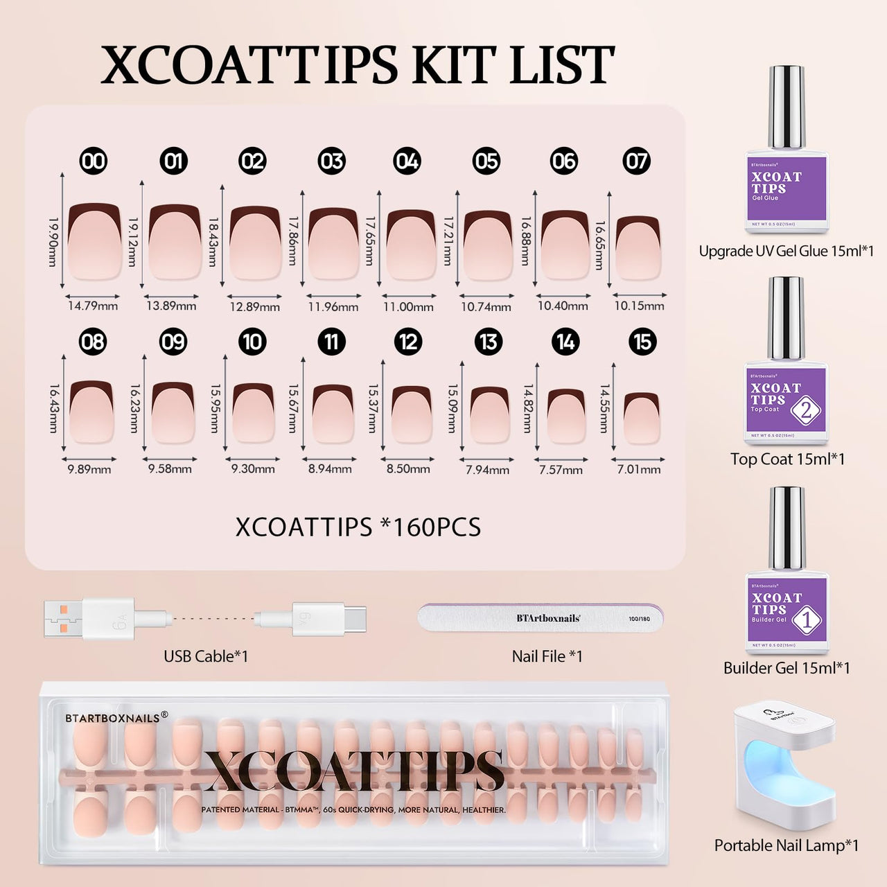 BTArtboxnails XCOATTIPS French Tip Press on Nails - Skin Tones Short Fall Press On Nails Square, Soft Gel Nail Tips with Nail Gel, French Protecting Duo, Nail Lamp, All in One Fake Nail Extension Kit | Premium Nail Wraps