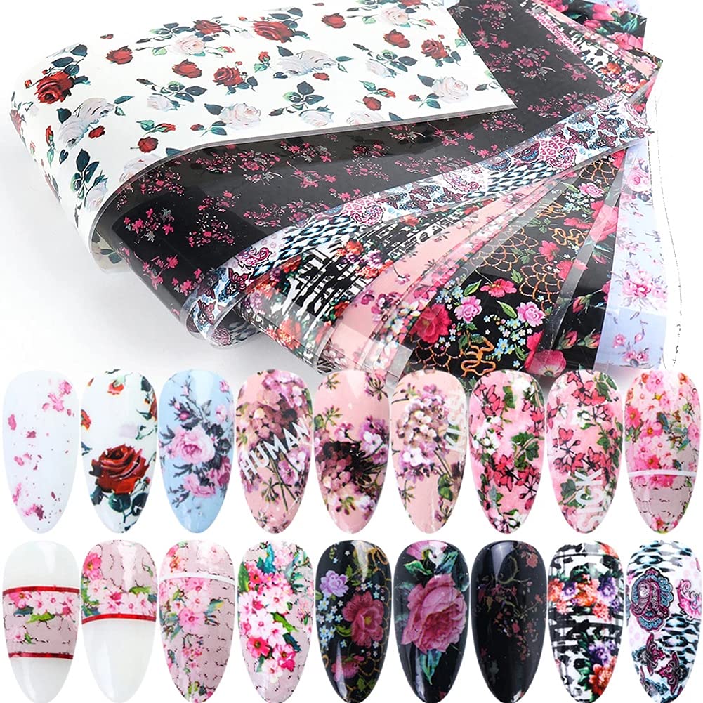 Retro Flower Nail Art Foil Transfer Nail Nail Wraps, Holographic Rose Flowers Starry Sky Design for Nails, 10pcs