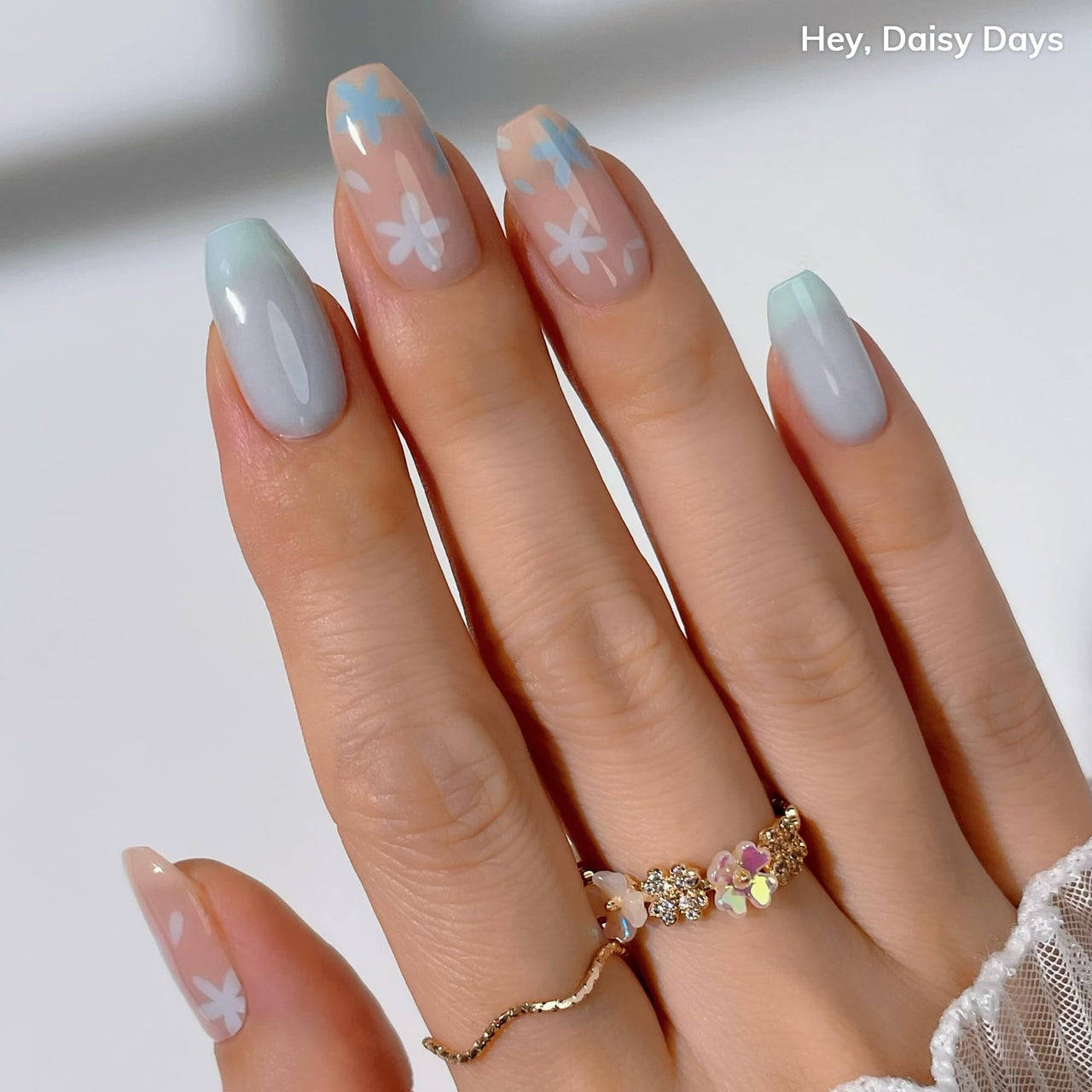 Heyhae Semi Cured Gel Nail Strips | No LED Lamp Needed | Spring, Marble, Pink | Easy Apply & Remove, Salon Quality | Includes 28 Strips, 1 Prep Pads, Nail File & Wooden stick - Hey, Daisy Days