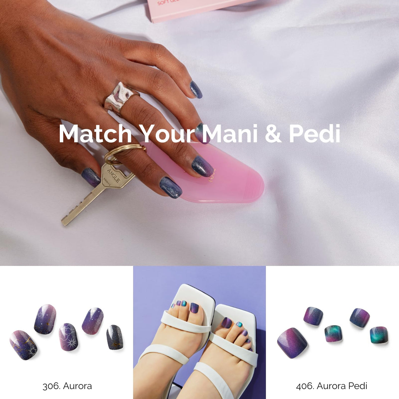 NAILOG Semi Cured Gel Nail Strips Mani Pedi Kit - Long Lasting Blue Cosmos Gel Nail Nail Nail Wraps Toes with Glossy Gel Finishing