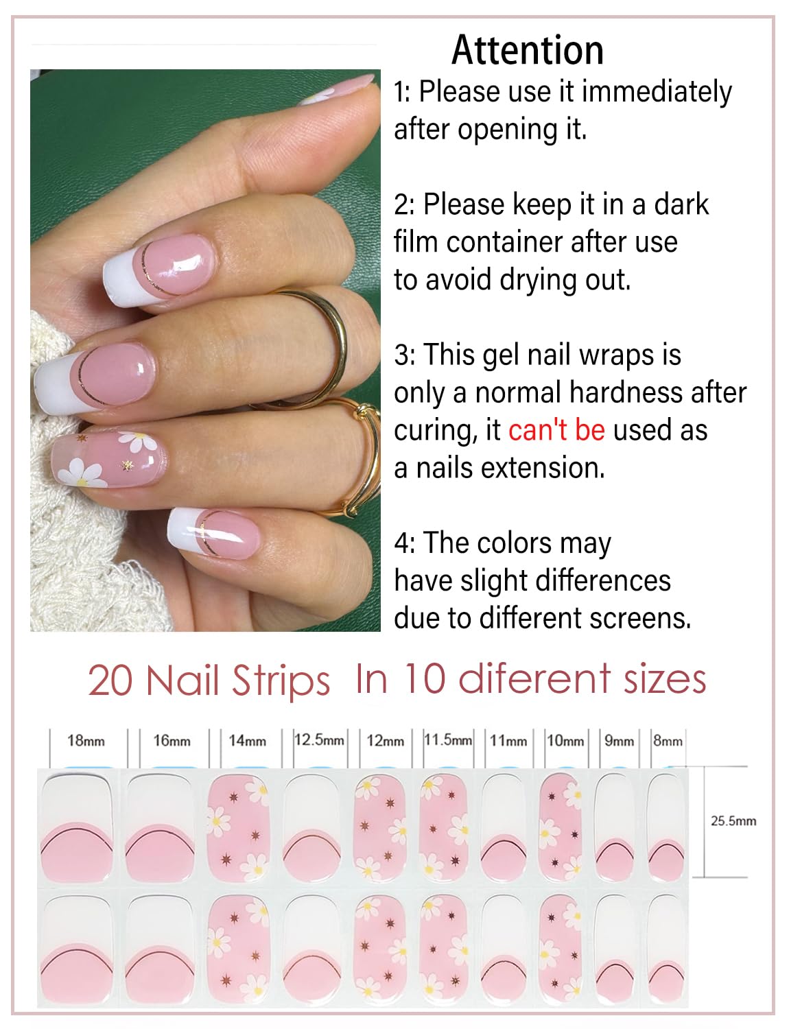 Semi Cured Gel Nail Strips - French Pink Flower Hydrangea Nail Wraps, 20pcs, UV Ready for DIY Nails