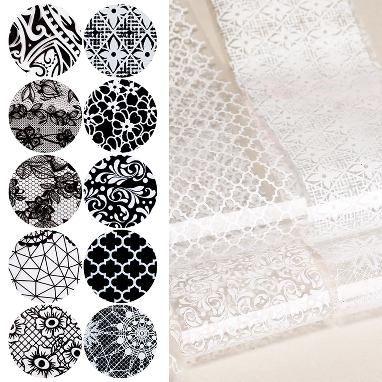 XEAOHESY 20 Rolls Black White Lace Nail Art Foil Transfer Sticker Kit Flower Foil Transfers Decals Lace Flowers Nail Foil Transfer Nail Nail Wraps Sheets Nail Art Sticker Foil Nail Nail Wraps for Foil Nail Art