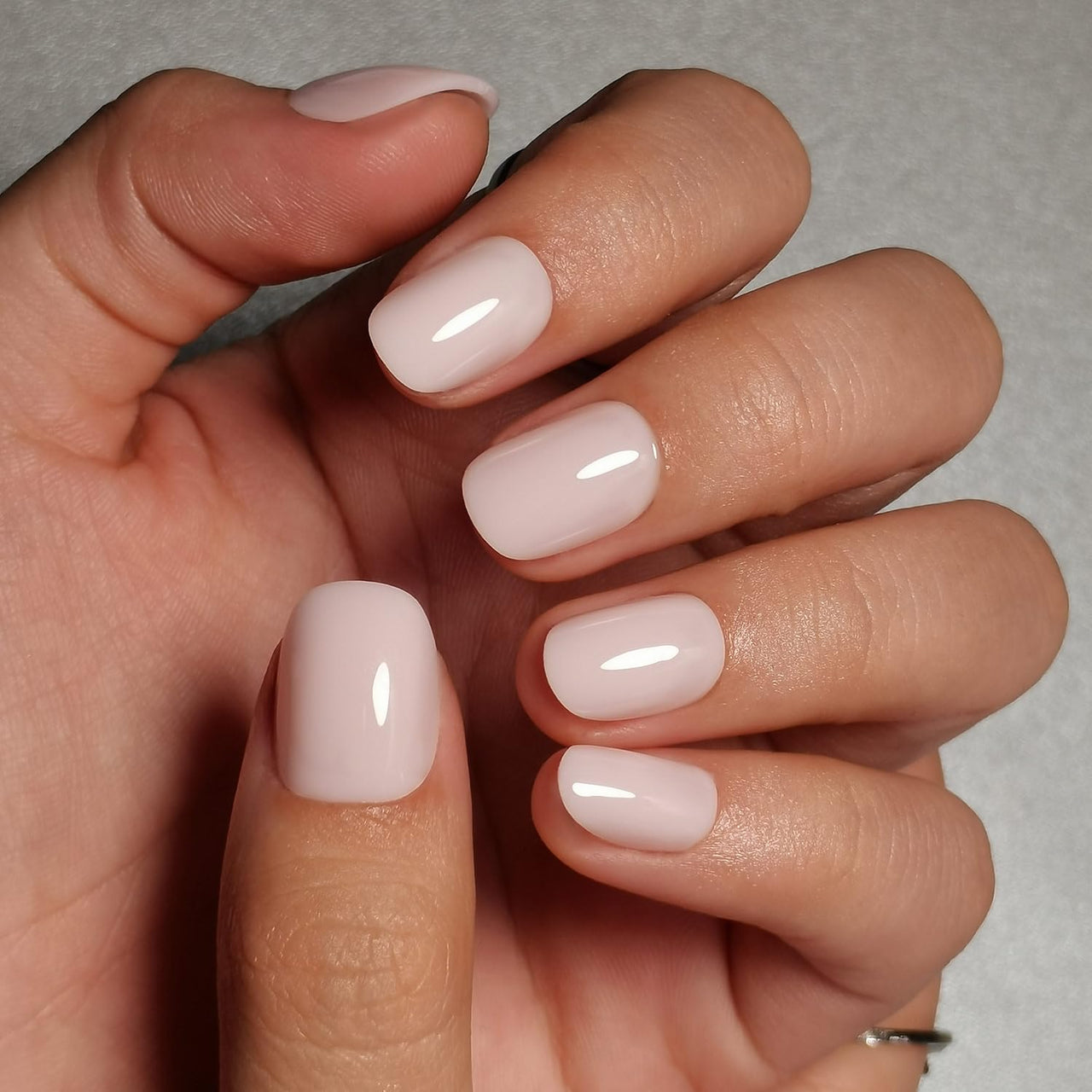 Curvlife Press on Nails Milky White Short Square Acrylic Fake Nails with Apricot Design Full Cover Glossy Nude Glue on Nails Artificial for Women 30Pcs