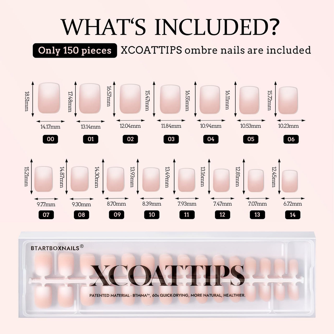 BTArtboxnails XCOATTIPS Ombre Nails - Extra Short Square Press on Nails, 150Pcs 15 Sizes Nude Square Nails Peach, Soft Gel Nails False Nail, Soak Off Acrylic Fake Nails Extensions