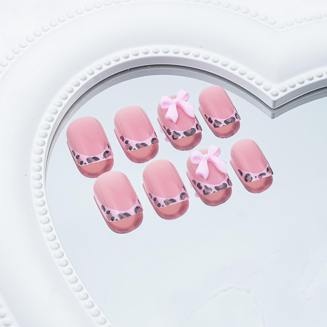 Leopard Print French Tip Press on Nails Square Fake Nails 3D Resin Bow Charm Designs False Nails Glossy Nude Pink Full Cover Acrylic Stick on Nails for Women Girls DIY Manicure Decoration 24Pcs