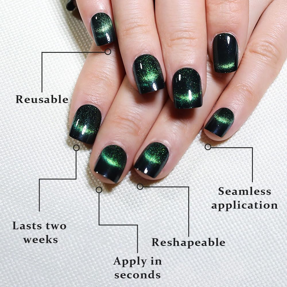 Dark Green Cat Eye Extra Short Press on Nails Square, Petite Short Square Glue on Nails for Women Gift, Smile Light Green Metallic Glitter Glossy Reusable Gel Press on Acrylic Fake Nail with Designs | Premium Nail Wraps