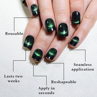 Thumbnail for Dark Green Cat Eye Extra Short Press on Nails Square, Petite Short Square Glue on Nails for Women Gift, Smile Light Green Metallic Glitter Glossy Reusable Gel Press on Acrylic Fake Nail with Designs | Premium Nail Wraps
