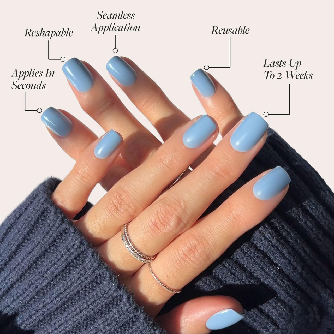 Glamnetic Press On Nails - Cashmere Blue | Opaque Soft Pale Blue Short Squoval False Nails, Reusable Stick On Fake Nails with Glue | Salon Quality | 15 Sizes - 30 Nail Kit | Premium Nail Wraps