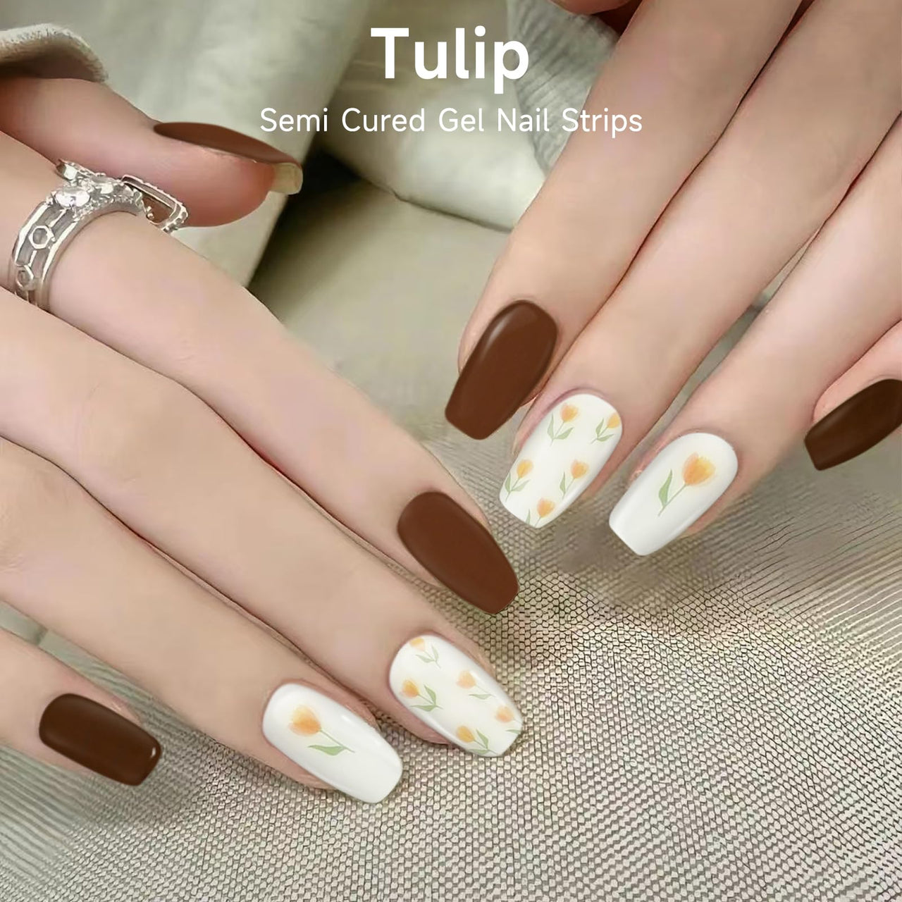 DUKASOU Semi Cured Gel Nail Strips, 28 pcs UV Gel Nail Stickers Full Nails Wraps for Women Home DIY Nails Art, UV Light Required(Tulip)