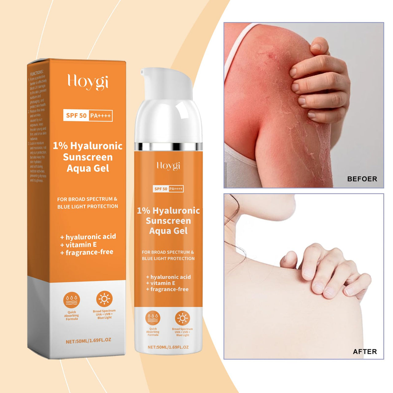AMALIA Hyaluronic Sunscreen SPF 50, Aqua Gel with Vitamin E, Broad Spectrum UV Protection, Fragrance-Free