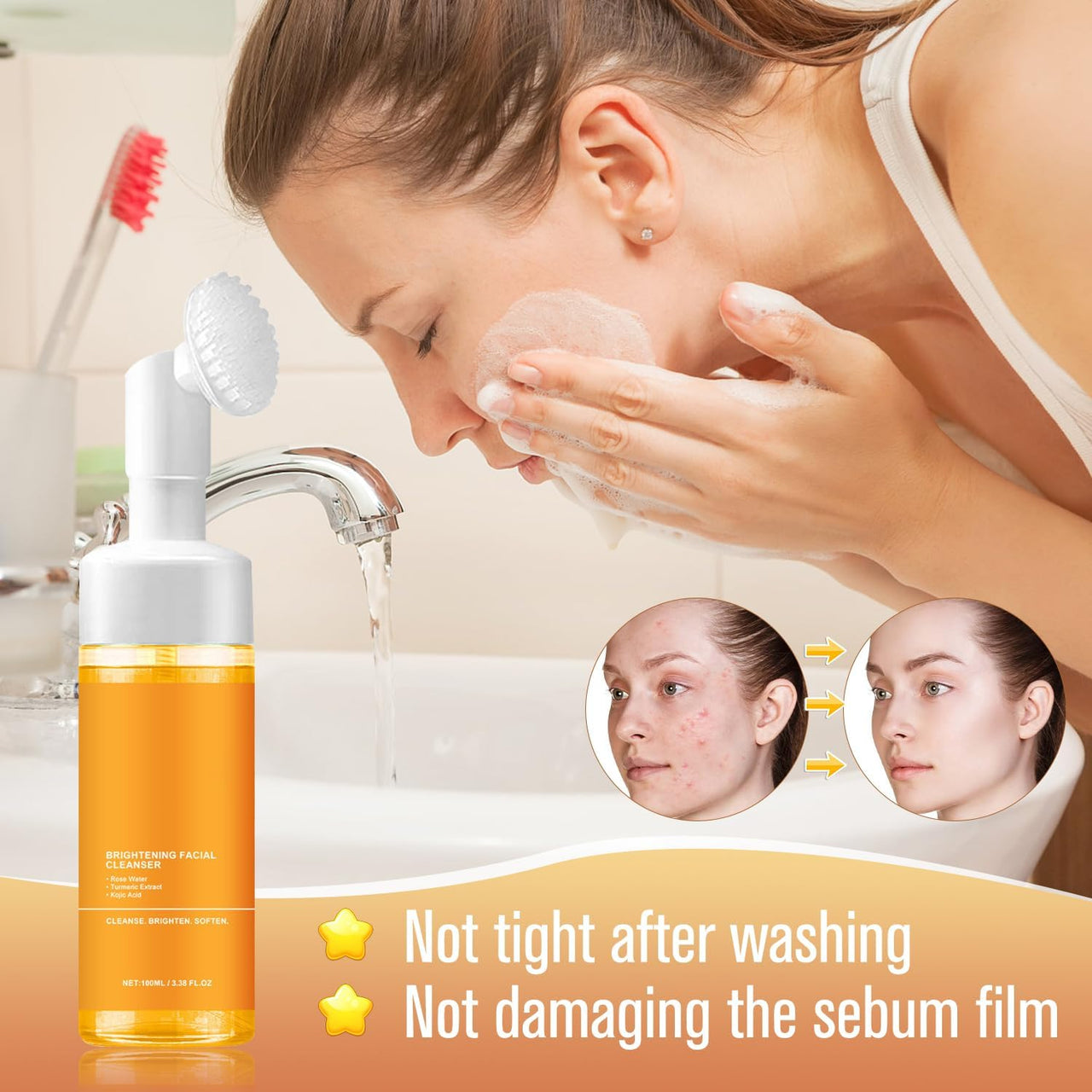 MAROJEIF Turmeric Facial Cleanser, Turmeric Face Wash, Tur-meric Foaming FacialCleanser, Turme-ric Facial Wash, Turmerics Foaming Cleanser for All Skin Deep Cleaning (2pcs)