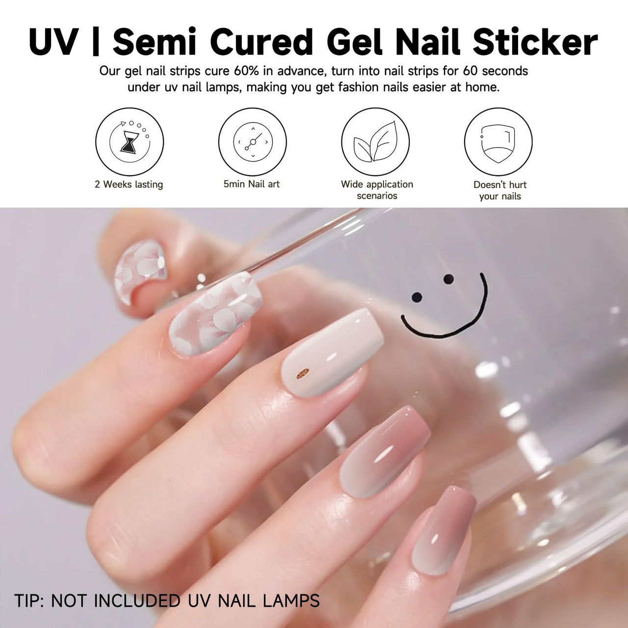 DUKASOU Semi Cured Gel Nail Strips | 28 pcs Gel Nails Strips Work with Any UV Lamps, Long Lasting UV Nail Nail Nail Wraps for Women DIY Nails Nail Wraps(Pink Flower)
