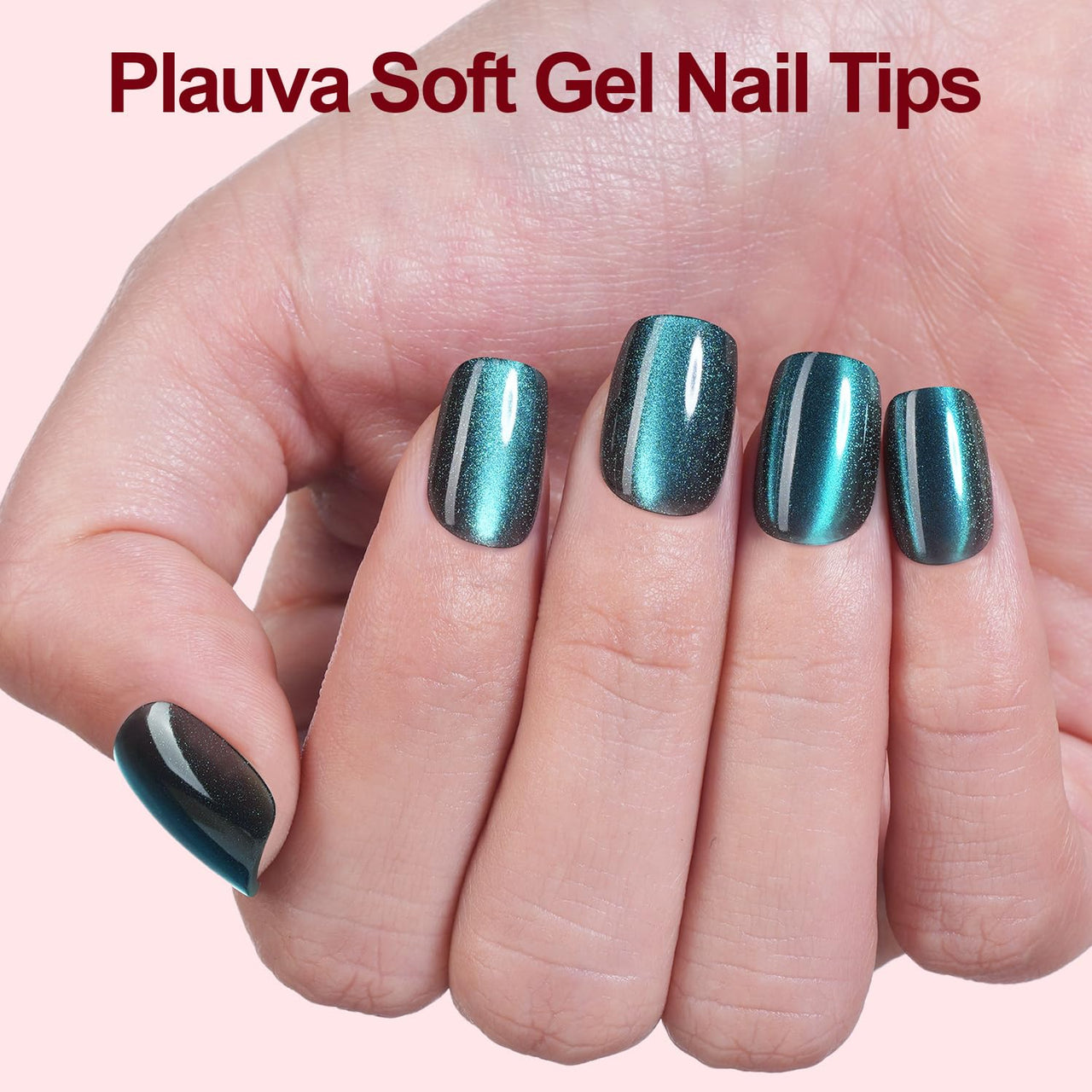 150Pcs Cat Eye Press on Nails Short Square, Plauva Soft Gel Fake Nails, Glossy Glitter Cat Eye Nail Tips for Women and Girls Stick On Nails in 15 Sizes