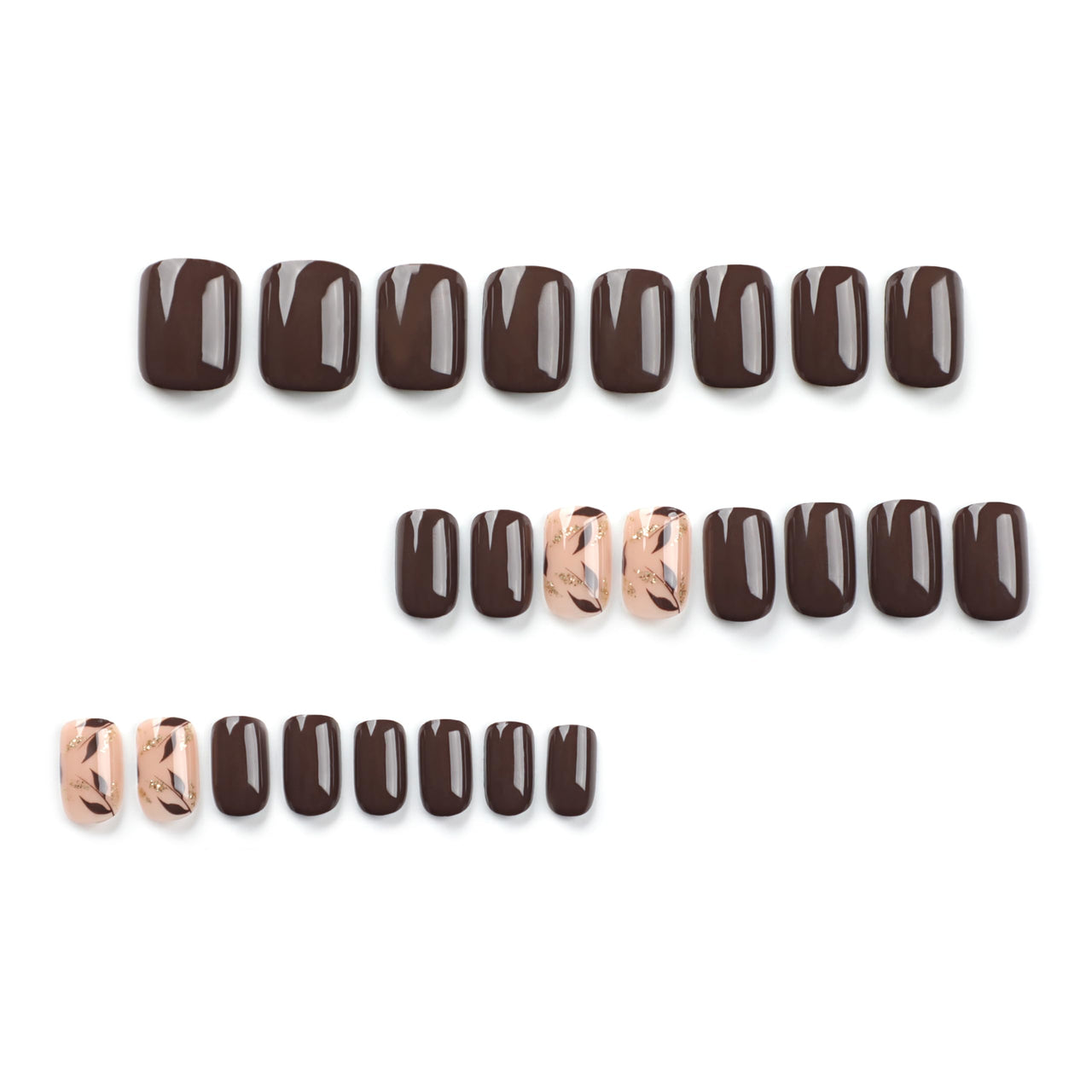 Stbisen Dark Brown Press on Nails Short Square Fake Nails with Golden Leaf Accents Glitter Designs, Glossy Gel Finish Acrylic Short Fake Nails, Thick Natural Glue on Nails Kit for Women, 24Pcs