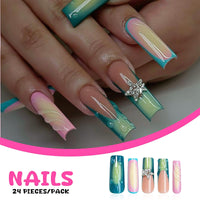 Thumbnail for RUOKEXIN Long Square Press on Nails Green Ombre French Fake Nails Pink Ombre False Nails with 3D Star Designs Long Square Nail Press ons Sparkly Glue on Nails Cute Stick on Nails for Women 24Pcs