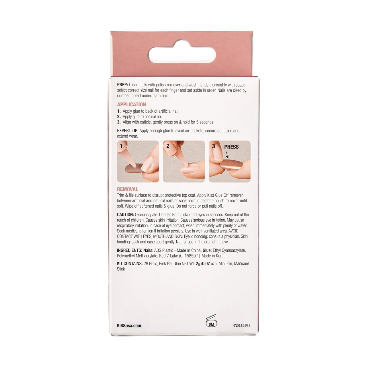 KISS Bare but Better Press On Nails, Glossy Pink, Short Length, Square Shape, 28 Fake Nails, Pink Gel Nail Glue Net Wt. 2g (0.07 Oz.), Mini Nail File, & Manicure Stick | Premium Nail Wraps