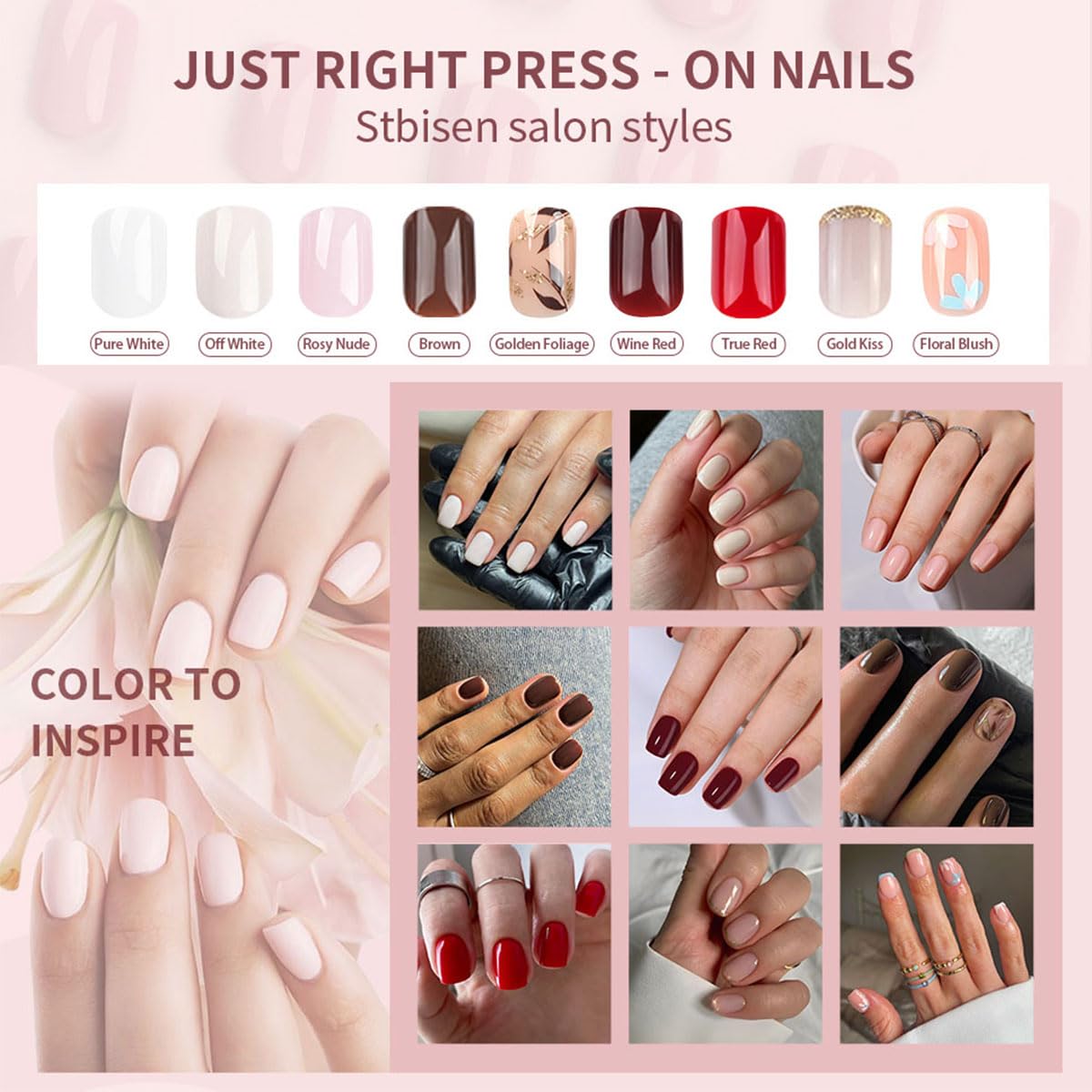 Stbisen Dark Brown Press on Nails Short Square Fake Nails with Golden Leaf Accents Glitter Designs, Glossy Gel Finish Acrylic Short Fake Nails, Thick Natural Glue on Nails Kit for Women, 24Pcs