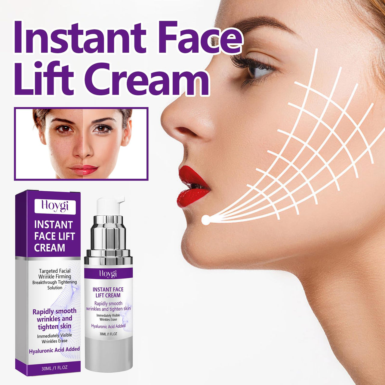 AMALIA Instant Face Lift Cream, Anti-Wrinkle Firming Treatment with Hyaluronic Acid, 30ml/1 fl oz