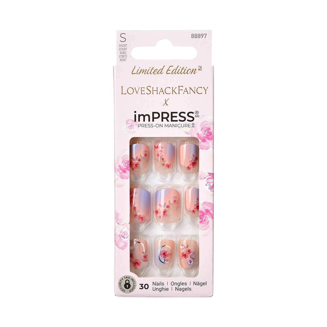 KISS LoveShackFancy x imPRESS Press-On Manicure Limited Edition, Style "Sunkissed Peach" Short Square Pink Press-On Nails, Includes Prep Pad, Mini Nail File, Cuticle Stick, & 30 Fake Nails