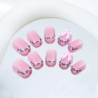 Thumbnail for Leopard Print French Tip Press on Nails Square Fake Nails 3D Resin Bow Charm Designs False Nails Glossy Nude Pink Full Cover Acrylic Stick on Nails for Women Girls DIY Manicure Decoration 24Pcs