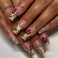 Thumbnail for Jremg Leopard Print French Tip Press on Nails Long Square Fake Nails with 3D Gold Pearl Designs Glossy Red Flower Full Cover Glue On Nails Reusable Coffin Autumn Winter False Nails for Women 24Pcs | Premium Nail Wraps - Premium Nail Wraps, Salon-Quality, Easy Application