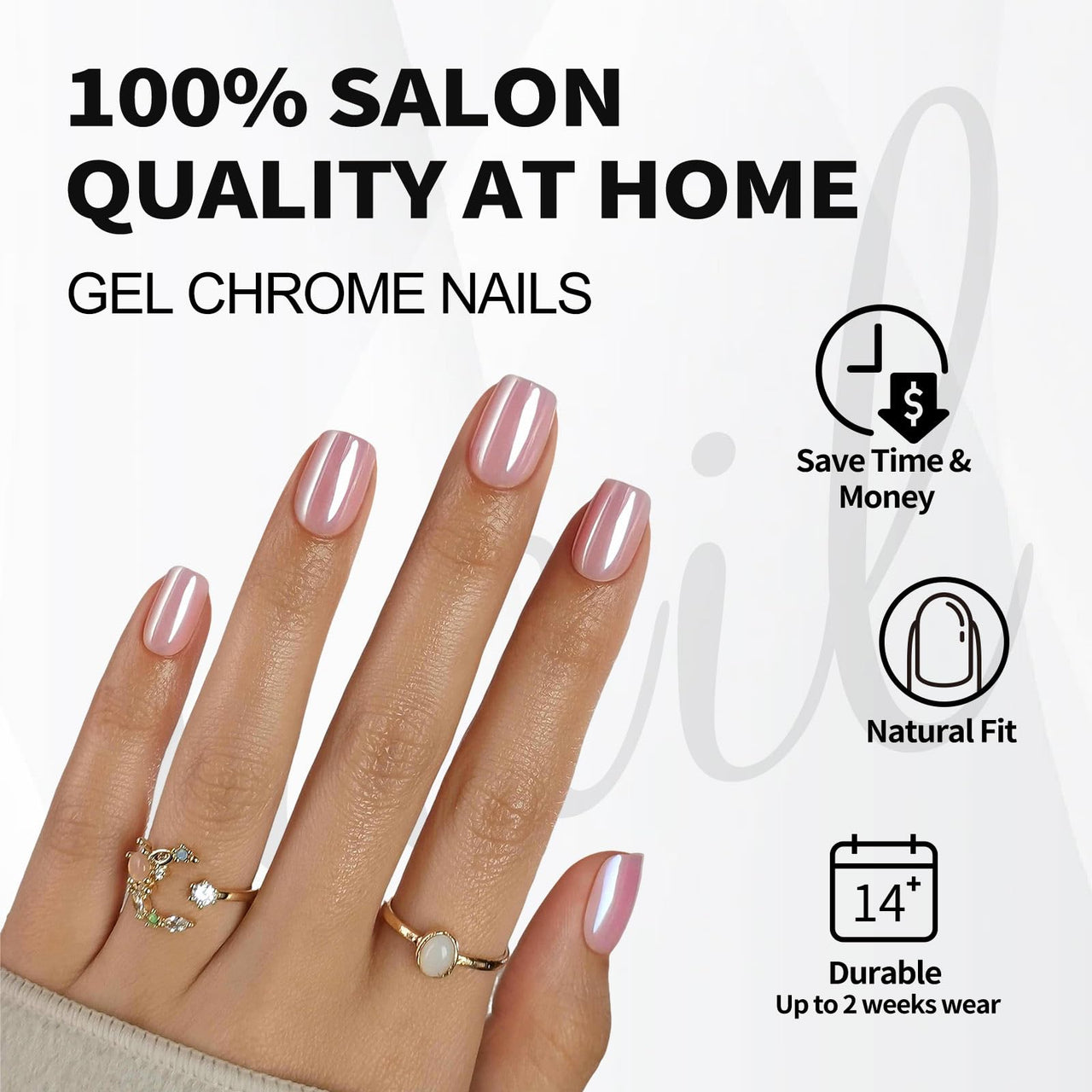 SHANGMENG Pink Chrome Press on Nails Square - Soft Gel Press on Nails Short for Women Gift, Glossy Stick on Nails with Glue in 16 Sizes - 32 Reusable Fake Nails, Aurora Light Pink | Premium Nail Wraps
