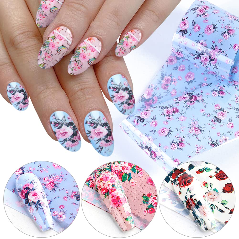 Retro Flower Nail Art Foil Transfer Nail Nail Wraps, Holographic Rose Flowers Starry Sky Design for Nails, 10pcs